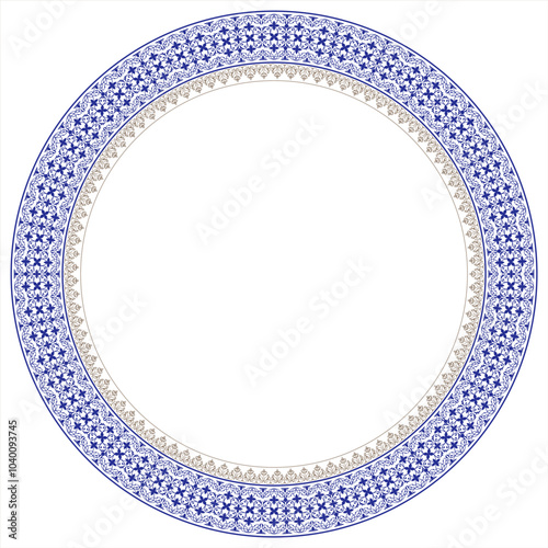 Beautiful round frame arabesque. Golden blue plate. Vintage, ethnic vector frame with arabesques (EPS). Pattern frame for round surfac,  sandblasting, ceramics, household utensil, embroidery