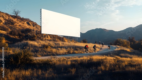Blank billboard mockup near a mountain biking trail, with riders speeding down the hill.