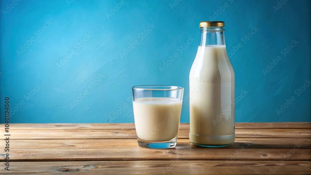 Milk bottle and glass on wooden table with blue background, Macro shot Milk bottle and glass on wooden table with blue background, Macro shot