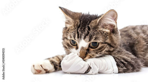 Cat Paw Injury with Bandage on White Background, Pet Health Insurance Concept photo