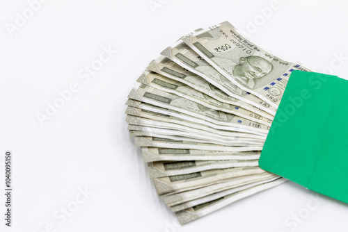 Принти на полотні Indian currency 500 rupee bank note on white background, Five hundred Indian rupee bank paper currency note, Group of money stack of 500 Indian Rupee banknote
