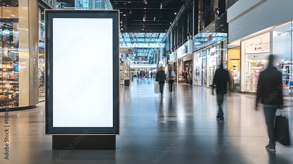 Blank billboard mockup in a modern shopping mall, with people walking by and stores in the background.