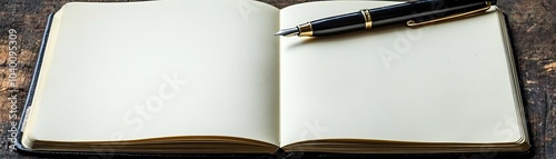 A blank notebook, with a pen resting on top, waiting to be filled photo