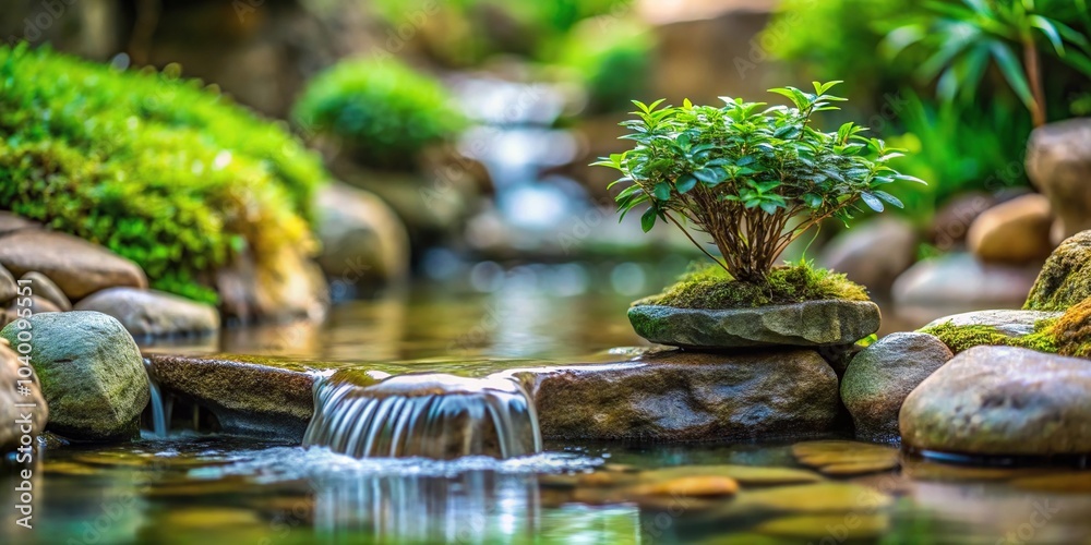 Fototapeta premium Mini oasis filled with greenery and small stream flowing down stone