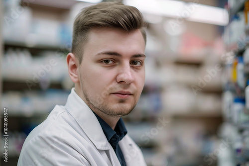 Photo of man pharmacist on the background of shelves with medicines generative AI