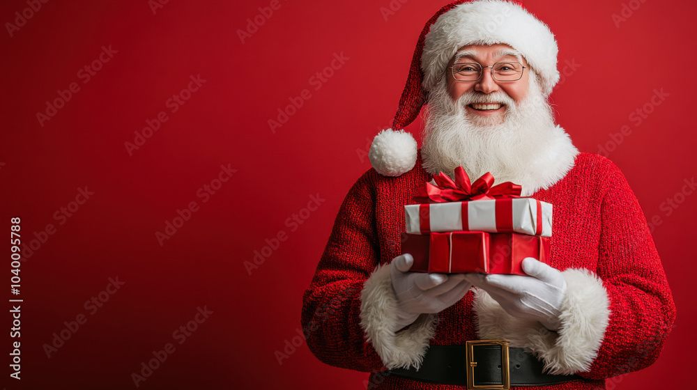 Santa Claus smiles while holding a beautifully wrapped gift against a bright red background during the holiday season Santa Claus smiles while holding a beautifully wrapped gift against a bright red background during the holiday season