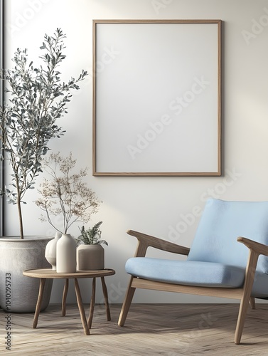 Modern Living Room Mockup: A minimalist yet inviting living room interior featuring a comfortable armchair, a wooden coffee table, a potted plant, and a large framed canvas.