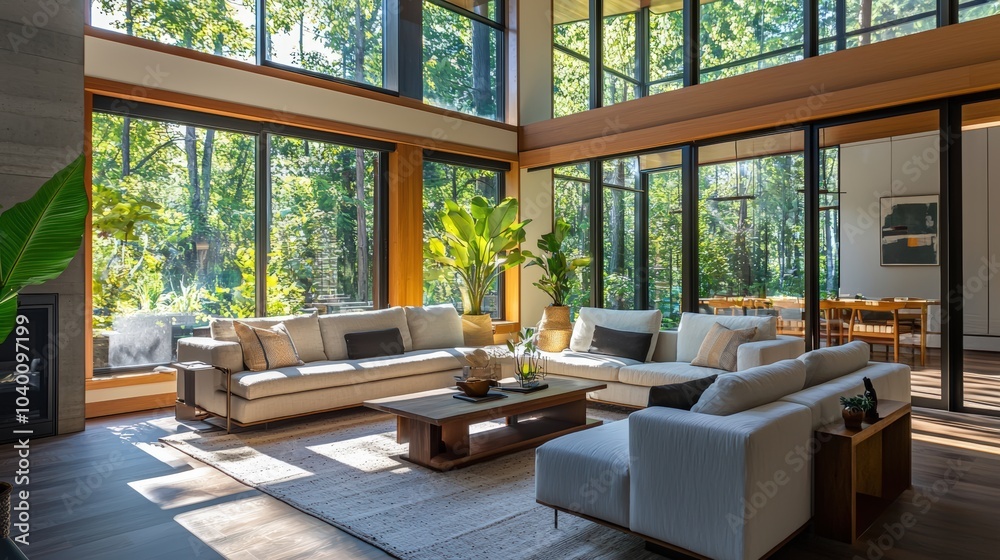 Fototapeta premium A large living room with a fireplace, a couch, and a coffee table
