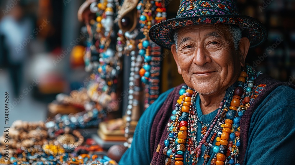 Fototapeta premium Street Vendor Selling Vibrant Handmade Jewelry: A Colorful Display of Artistic Craftsmanship