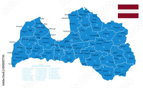 Latvia - Detailed Blue Country Map with Cities and Regions. National Flag. Vector Illustration.