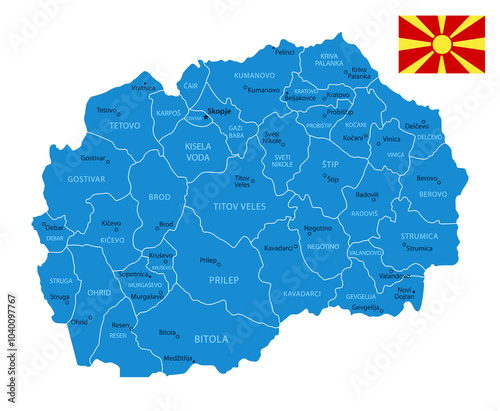 North Macedonia - Detailed Blue Country Map with Cities and Regions. National Flag. Vector Illustration.