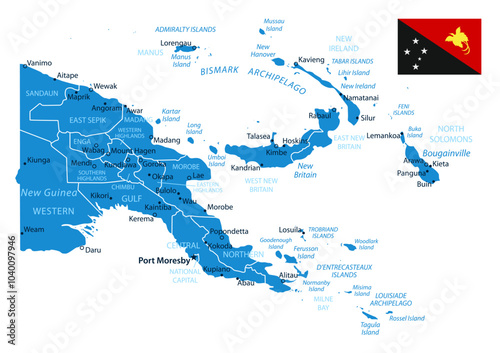 Papua New Guinea - Detailed Blue Country Map with Cities and Regions. National Flag. Vector Illustration.