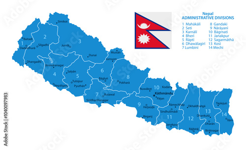 Nepal - Detailed Blue Country Map with Cities and Regions. National Flag. Vector Illustration.