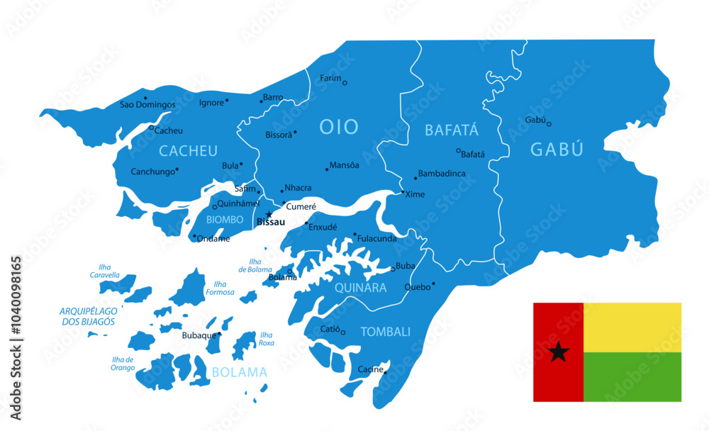 Obraz premium Guinea-Bissau - Detailed Blue Country Map with Cities and Regions. National Flag. Vector Illustration.