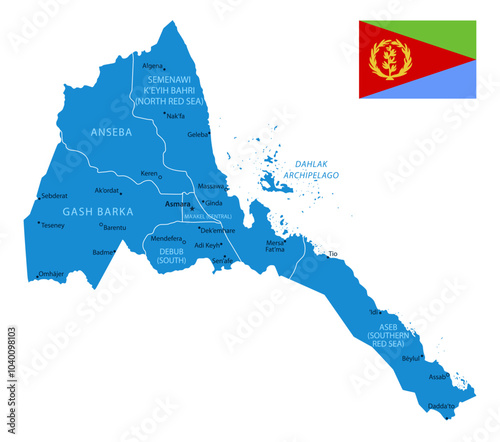 Eritrea - Detailed Blue Country Map with Cities and Regions. National Flag. Vector Illustration.