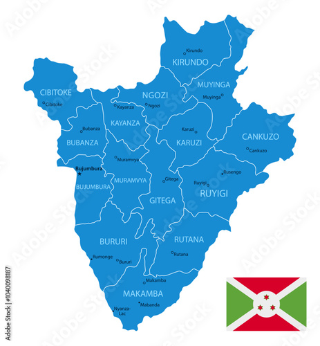 Burundi - Detailed Blue Country Map with Cities and Regions. National Flag. Vector Illustration.