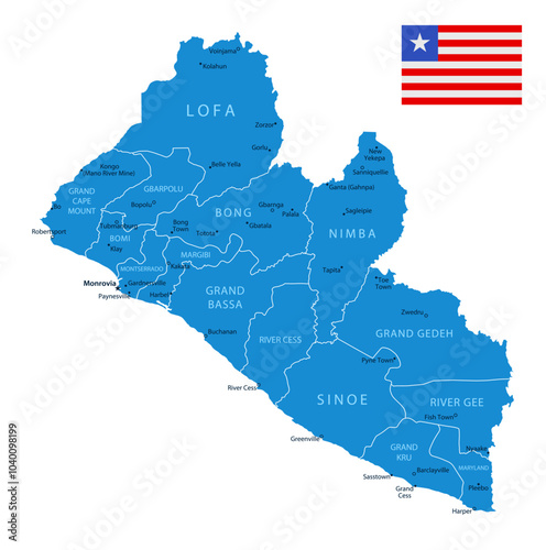 Liberia - Detailed Blue Country Map with Cities and Regions. National Flag. Vector Illustration.