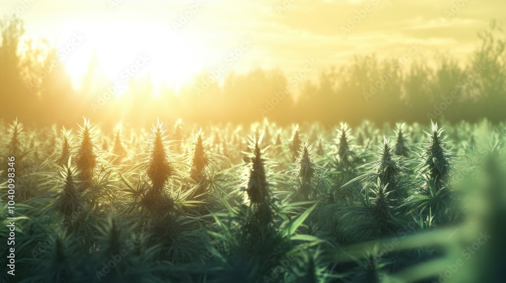 A field of marijuana plants is in full bloom, with the sun shining brightly in the background. A field of marijuana plants is in full bloom, with the sun shining brightly in the background.
