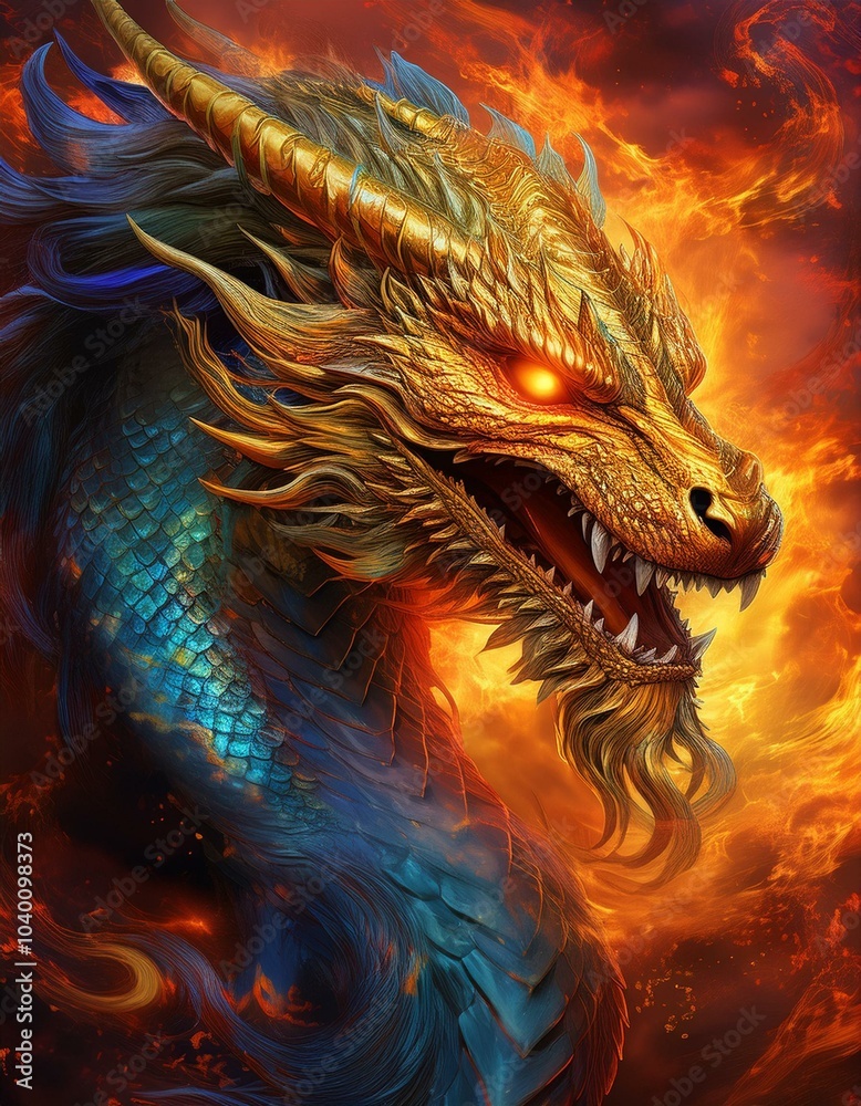 A large golden dragon with fiery wings and glowing eyes, set against a backdrop of swirling art A large golden dragon with fiery wings and glowing eyes, set against a backdrop of swirling art