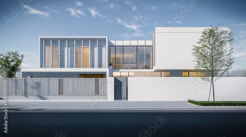 Modern architectural design of a contemporary house with large windows and a minimalist fa?ade in a suburban neighborhood