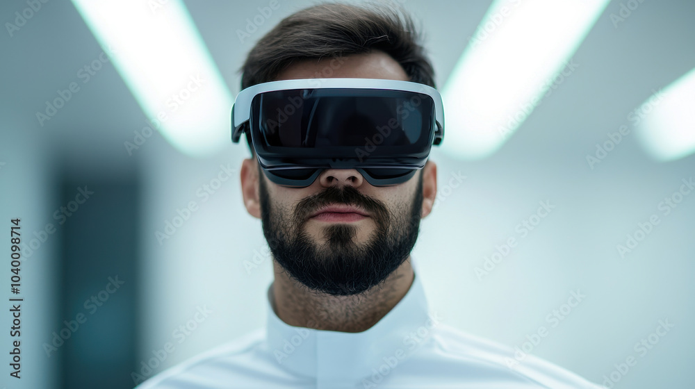 A man wearing advanced virtual reality goggles in a sleek, modern environment, exuding a futuristic vibe. A man wearing advanced virtual reality goggles in a sleek, modern environment, exuding a futuristic vibe.