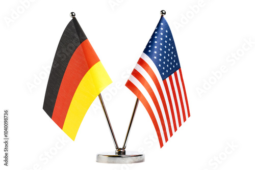 Table flags of Germany and United States on white background. photo