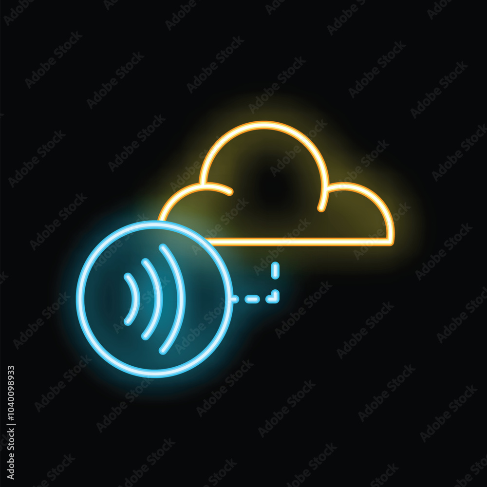Neon icon of a wireless connection transferring data to cloud storage on a black background