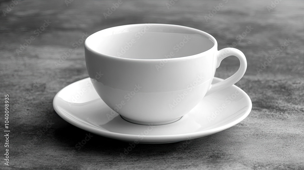 A clean, white teacup with a simple saucer, placed on a smooth table A clean, white teacup with a simple saucer, placed on a smooth table