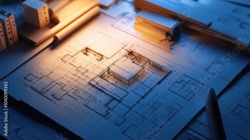 Architectural blueprint with illuminated design elements.