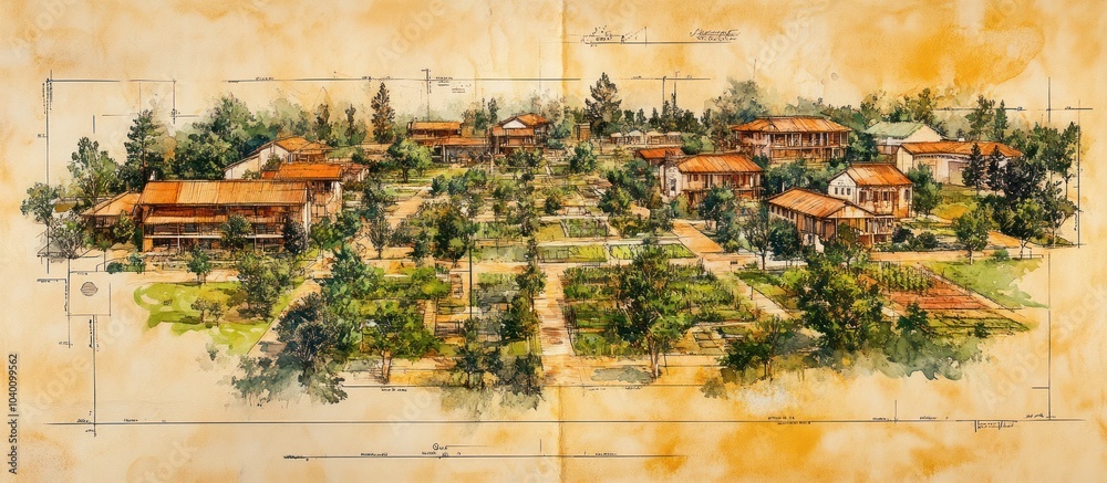 Obraz premium Watercolor painting of an aerial view of a village with red tile roofs and a garden.