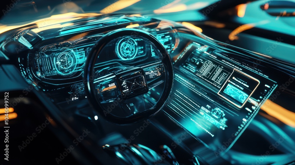 A holographic interface showcases a detailed car model in a high-tech environment, highlighting sophistication in vehicle design and technology. A holographic interface showcases a detailed car model in a high-tech environment, highlighting sophistication in vehicle design and technology.