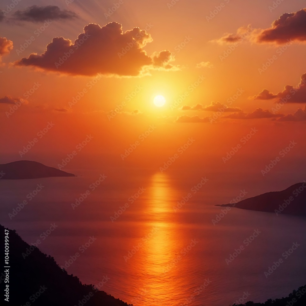 Naklejka premium Sunset over the landscape, red sun, colored sky