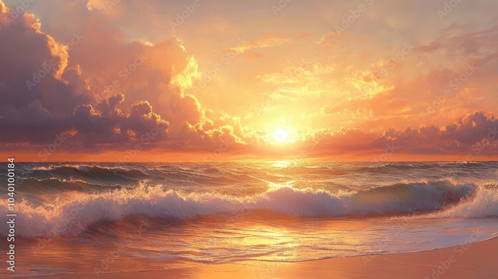 Fototapeta premium Serene golden hour scene of a beach with soft waves and the sun setting in a warm, radiant sky