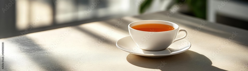 A cup of tea on a plain saucer, sitting on a smooth table A cup of tea on a plain saucer, sitting on a smooth table