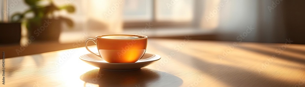 A cup of tea on a plain saucer, sitting on a smooth table A cup of tea on a plain saucer, sitting on a smooth table