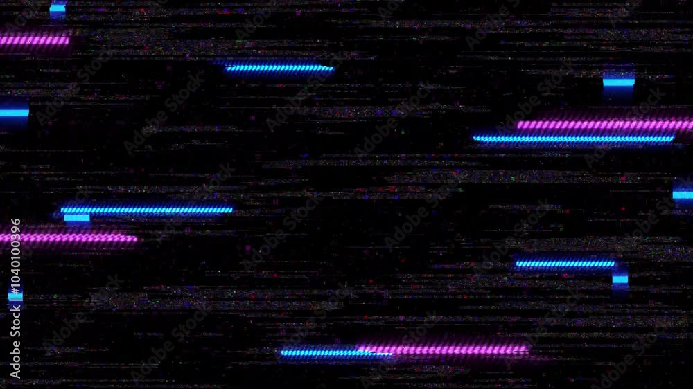 Abstract tech signal disruption digital glitch damaged effect textured overlay VHS Style and light glow neon background.