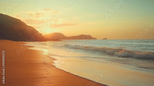 A beach at golden hour with calm waves and warm sunlight illuminating the sky, evoking peacefulness and serenity