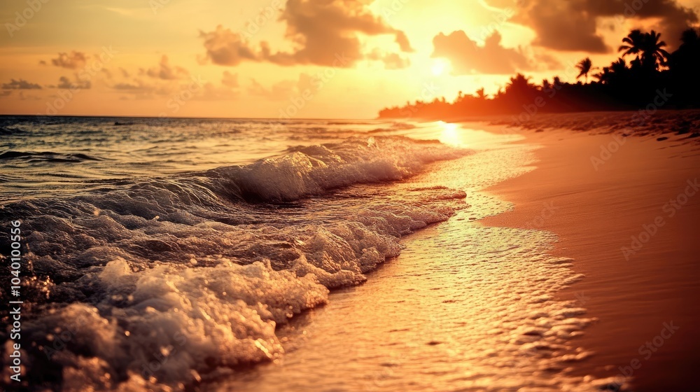 Obraz premium A quiet beach at golden hour with gentle waves and a warm, golden glow, perfectly capturing the peacefulness of sunset