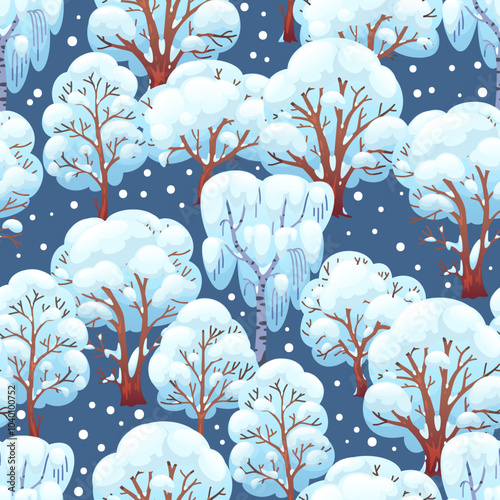 Winter forest seamless pattern. Repeated snow covered trees, cold season landscape, christmas and new year elements, branches with snow. Decor textile, wrapping, wallpaper. Vector background