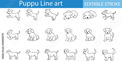 Cute Puppy Line Art Illustrations Editable Stroke