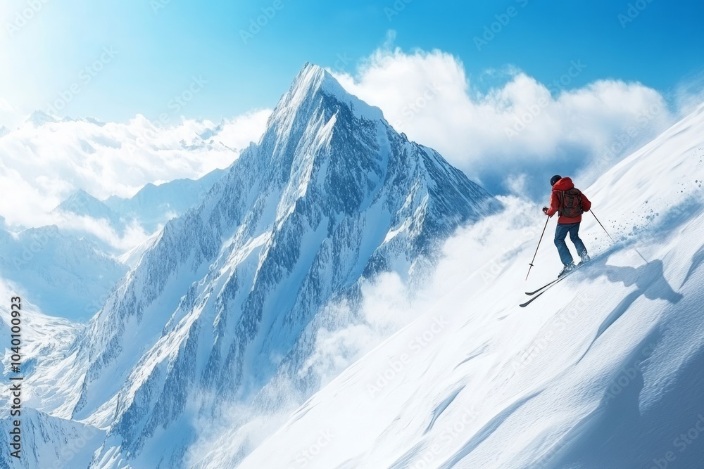 man skiing on a snow mountain in a full action advanture man skiing on a snow mountain in a full action advanture
