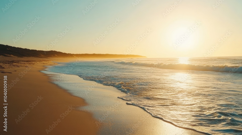 Fototapeta premium Golden hour beach with waves gently washing the shore, soft sunlight glowing over the horizon as the day peacefully ends