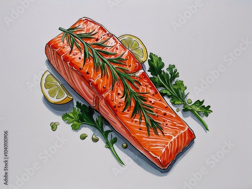 Baked salmon hand drawn painted painting illustration on plain white background photo