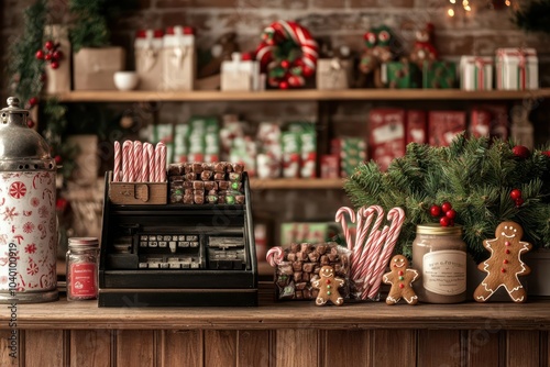 Christmas candy shop with an old-fashioned cash register, shelves stocked with peppermint sticks, chocolates, and gingerbread men