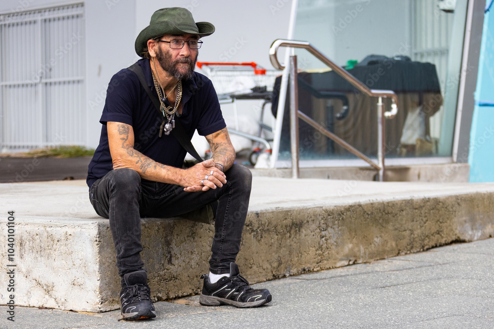 homeless man wearing a hat sitting by himself on concrete platform homeless man wearing a hat sitting by himself on concrete platform