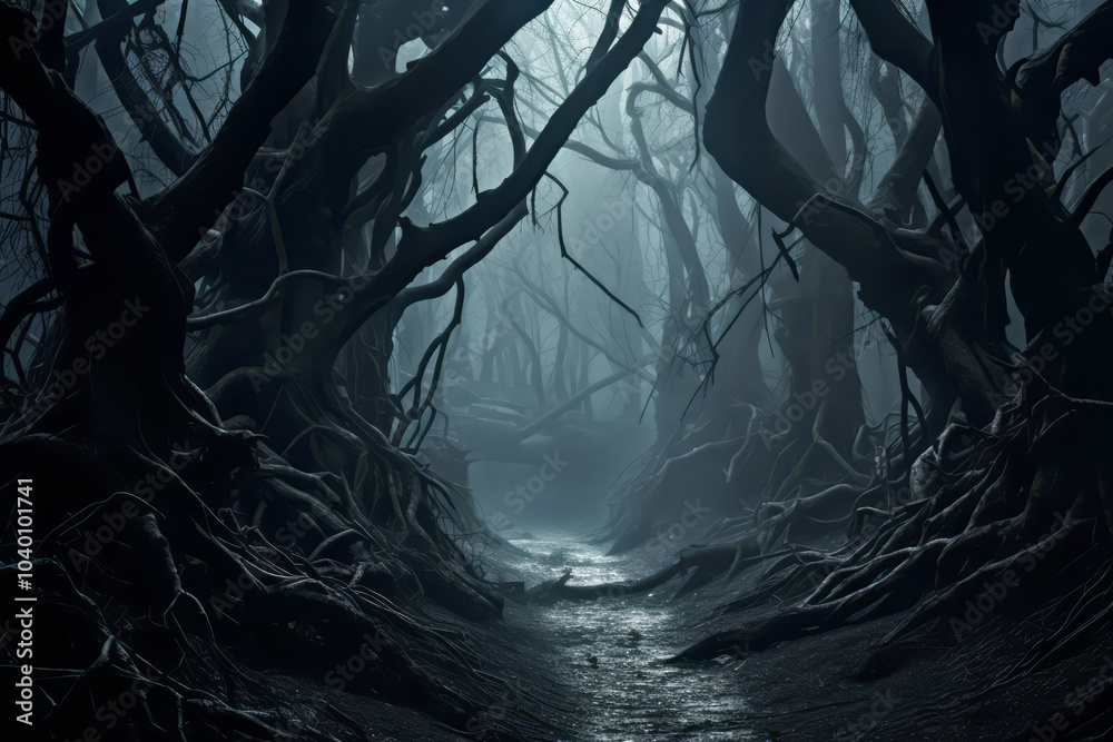 A tunnel of dry branches in an ancient dark forest full of mysticism and horror, light at the end of the tunnel A tunnel of dry branches in an ancient dark forest full of mysticism and horror, light at the end of the tunnel