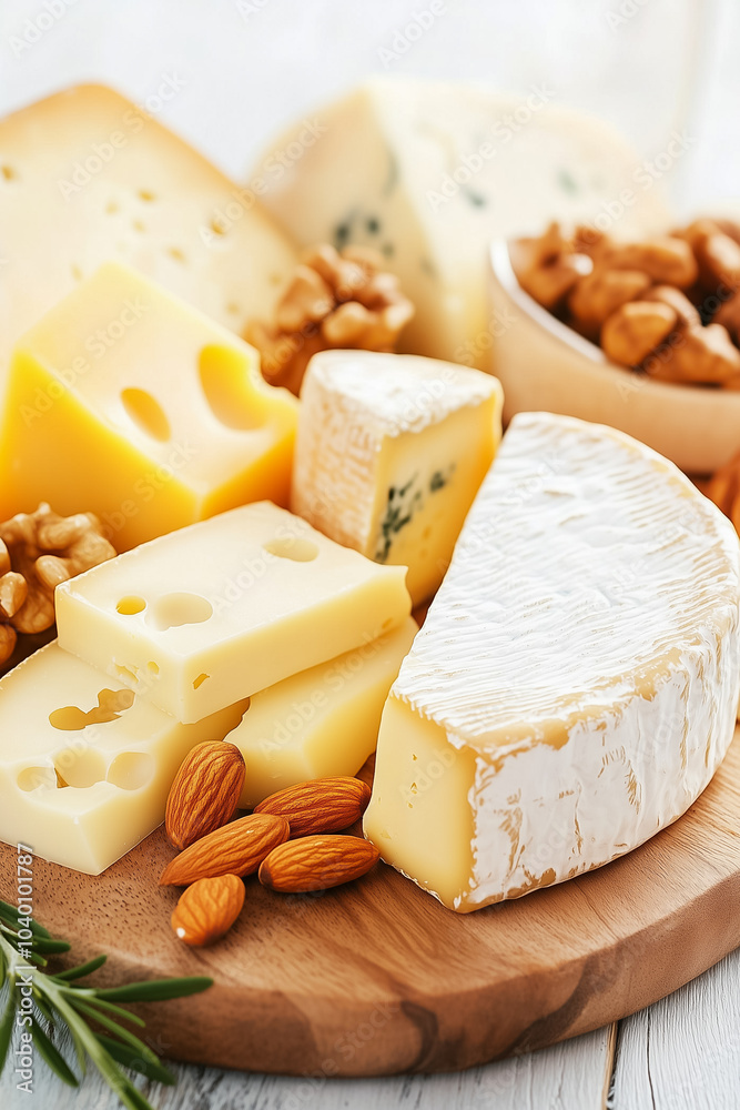 A gourmet cheese board with assorted cheeses, nuts, and garnishes, perfect for sharing on any occasion A gourmet cheese board with assorted cheeses, nuts, and garnishes, perfect for sharing on any occasion