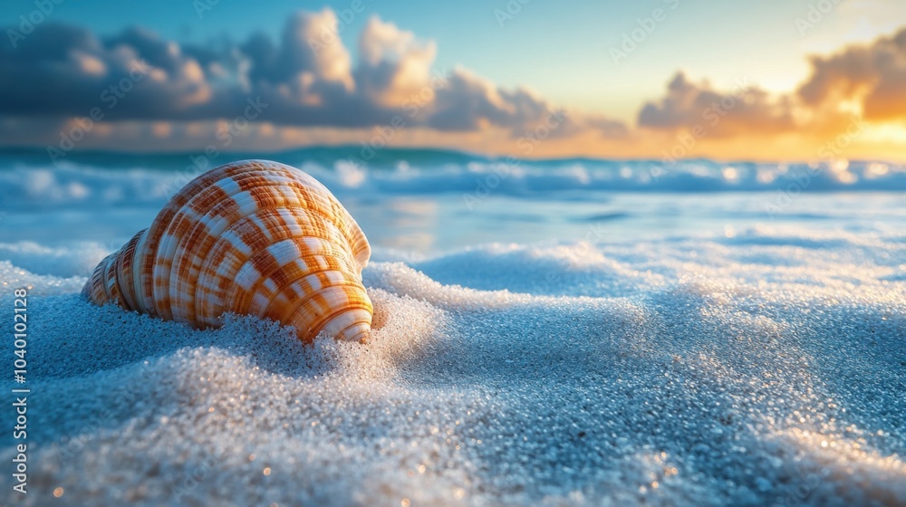 A Beautiful and Serene Single Seashell Resting on a Pristine White Sandy Beach with Soft Blue Waves, Perfect for Coastal or Nature-Themed Projects A Beautiful and Serene Single Seashell Resting on a Pristine White Sandy Beach with Soft Blue Waves, Perfect for Coastal or Nature-Themed Projects