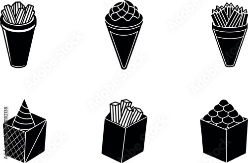 Stylized Icons of Ice Cream Cones and French Fries in Black and White Design