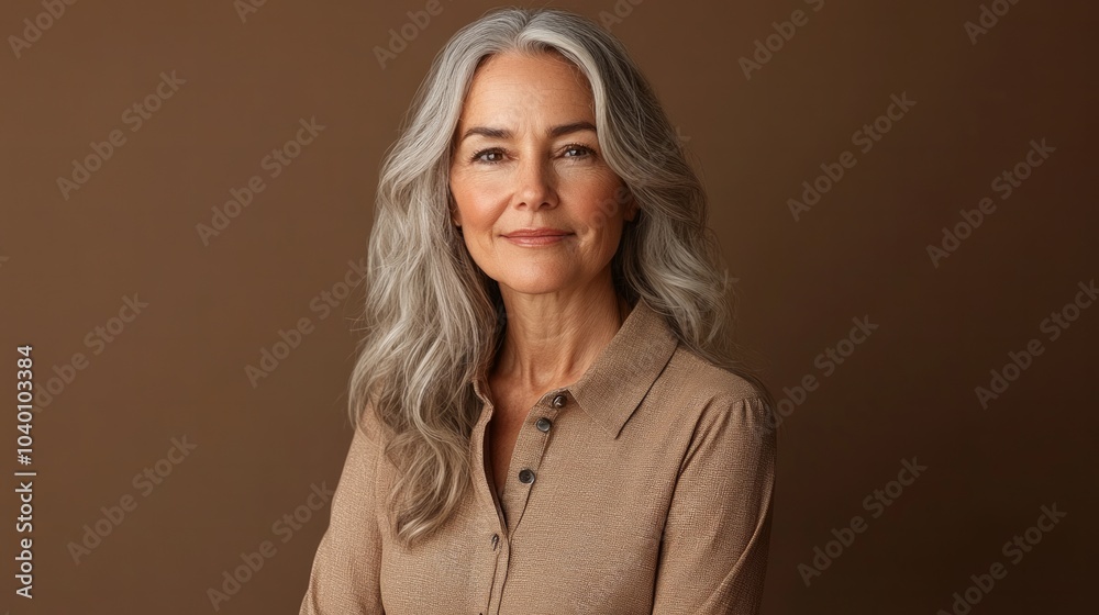 mature woman dresed in blash button shirt and beige pats standing isolated on brown mature woman dresed in blash button shirt and beige pats standing isolated on brown